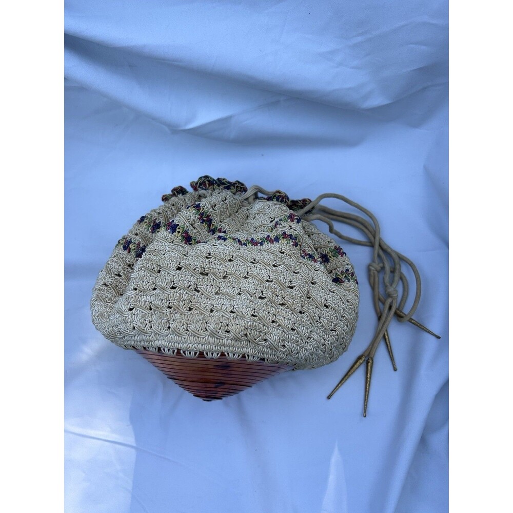 Crochet Drawstring Bag Vintage 1970’s Boho Lucite Tortoise Shell Base Hippie Bag